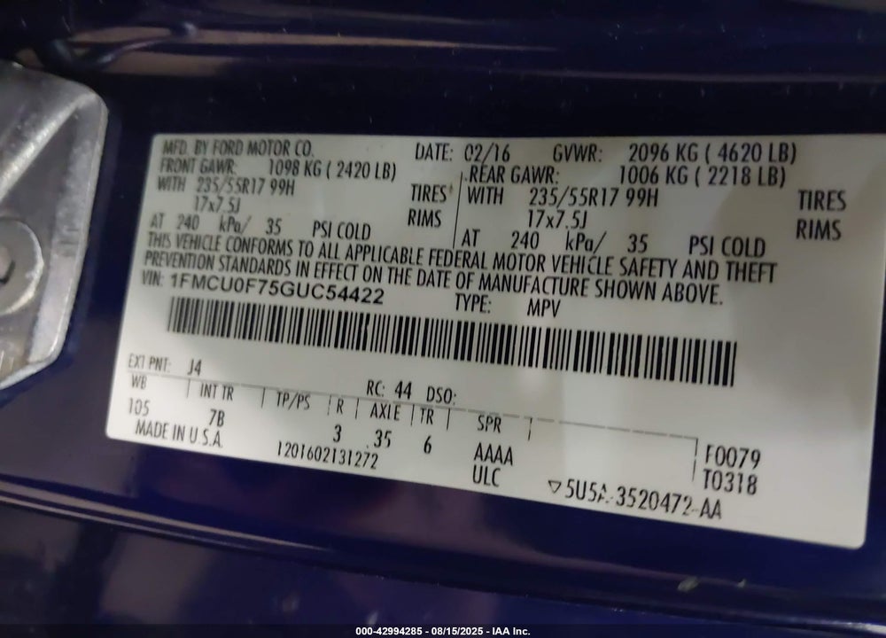 2016 FORD ESCAPE VIN: 1FMCU0F75GUC54422