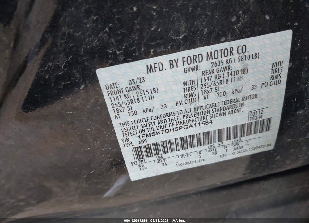 2023 FORD EXPLORER VIN: 1FMSK7DH5PGA11584
