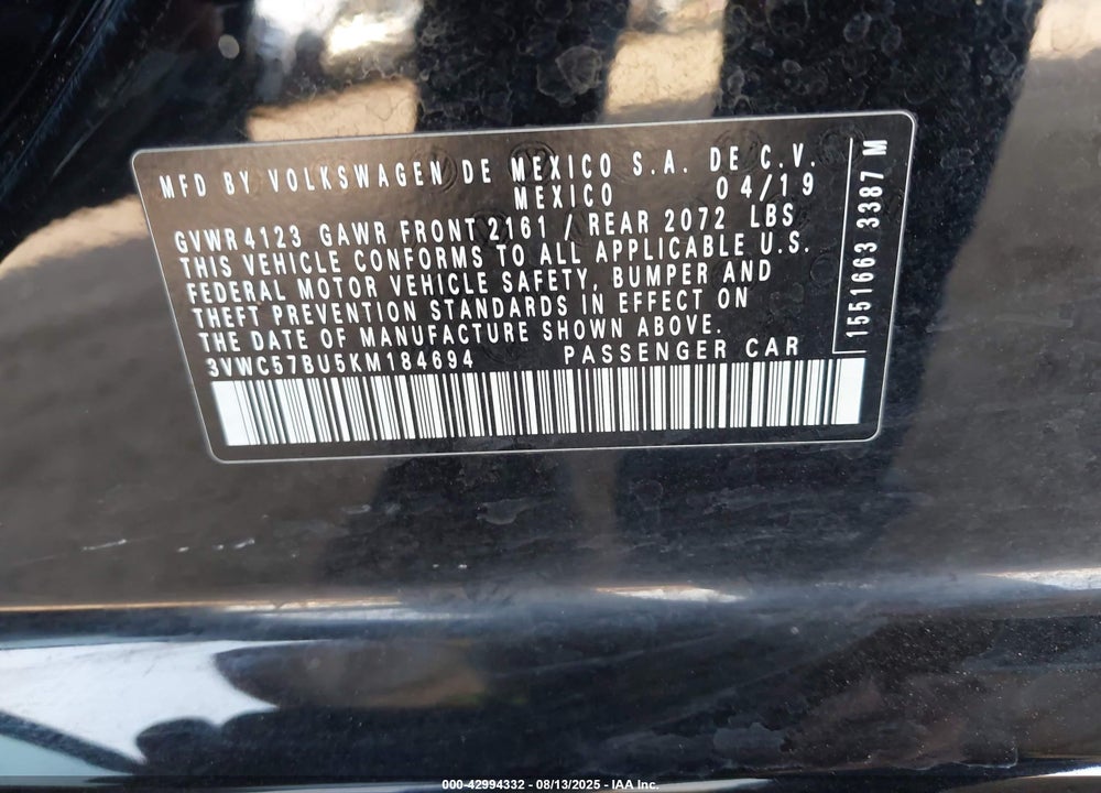 2019 VOLKSWAGEN JETTA VIN: 3VWC57BU5KM184694