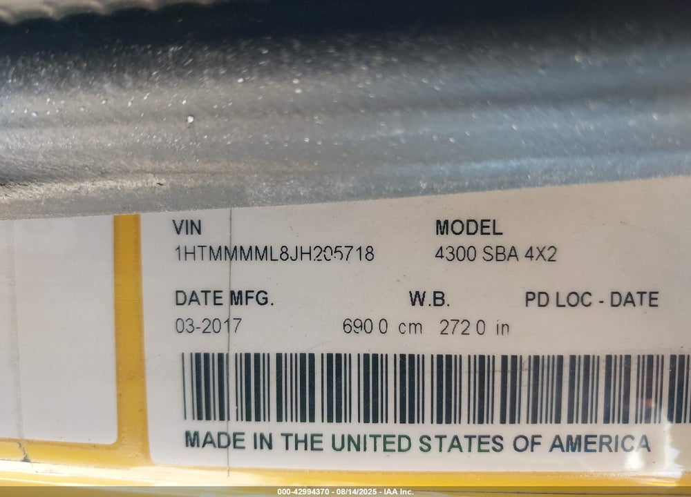 2018 INTERNATIONAL DURASTAR 4300 VIN: 1HTMMMML8JH205718