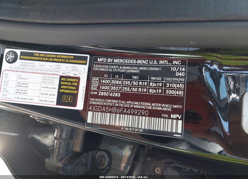 2015 MERCEDES-BENZ ML-CLASS VIN: 4JGDA5HB6FA499290