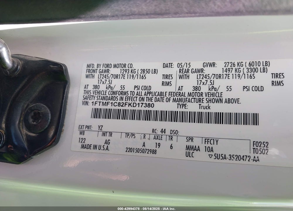 2015 FORD F-150 VIN: 1FTMF1C82FKD17380