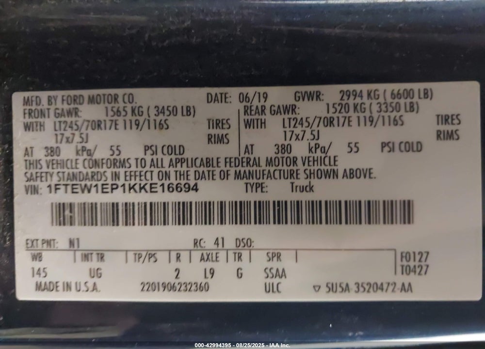 2019 FORD F-150 VIN: 1FTEW1EP1KKE16694