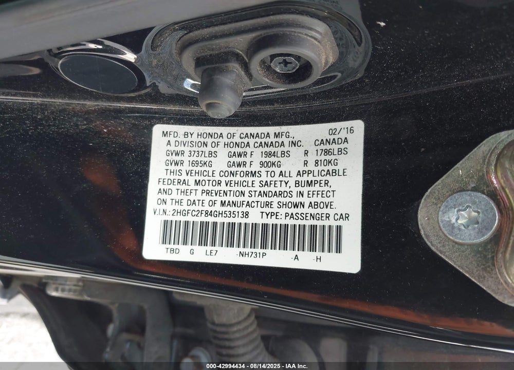 2016 HONDA CIVIC VIN: 2HGFC2F84GH535138