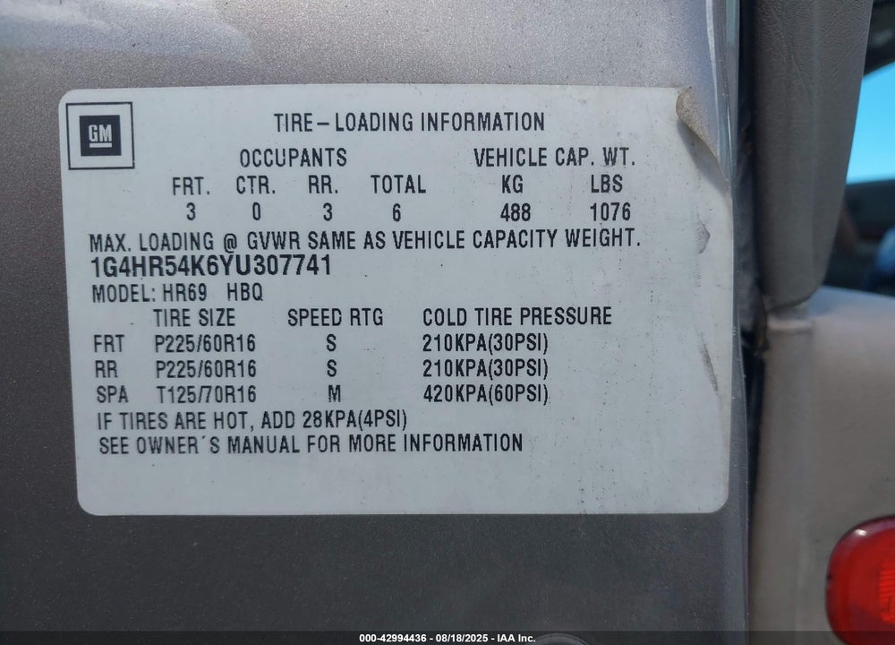2000 BUICK LESABRE LIMITED VIN: 1G4HR54K6YU307741