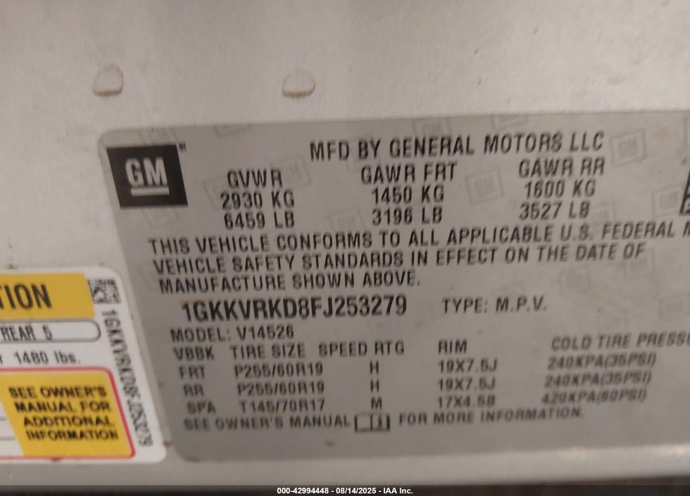 2015 GMC ACADIA VIN: 1GKKVRKD8FJ253279