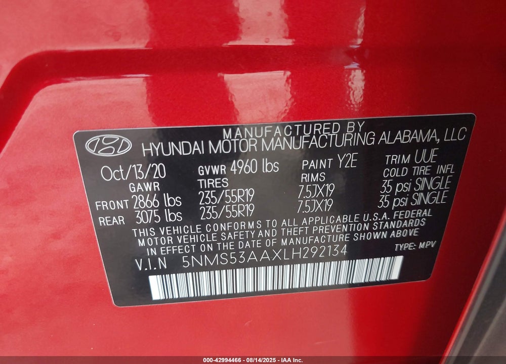 2020 HYUNDAI SANTA FE VIN: 5NMS53AAXLH292134