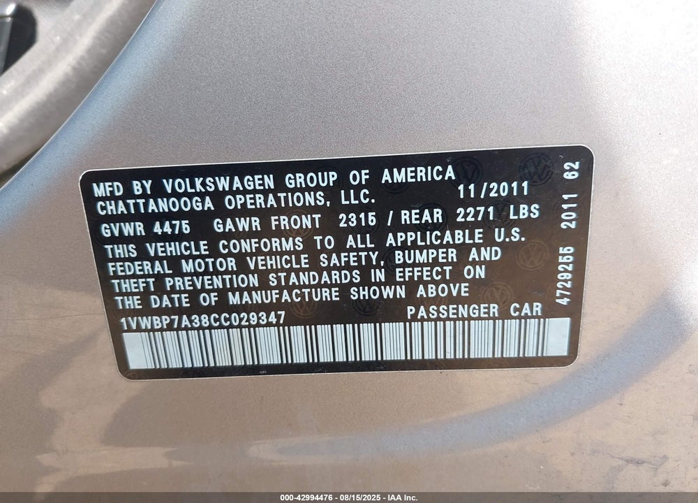 2012 VOLKSWAGEN PASSAT VIN: 1VWBP7A38CC029347