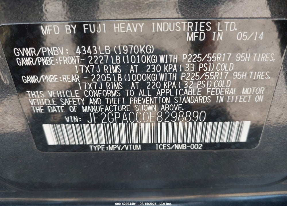 2014 SUBARU XV CROSSTREK VIN: JF2GPACC0E8298890