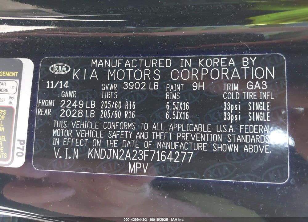 2015 KIA SOUL VIN: KNDJN2A23F7164277