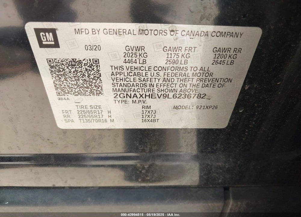 2020 CHEVROLET EQUINOX FWD LS VIN: 2GNAXHEV9L6236782