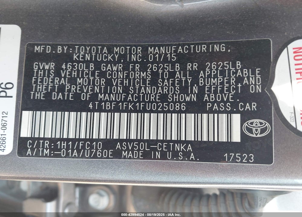 2015 TOYOTA CAMRY VIN: 4T1BF1FK1FU025086