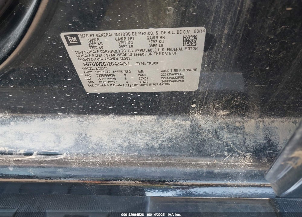 2014 GMC SIERRA 1500 SLT VIN: 3GTU2VEC1EG424687