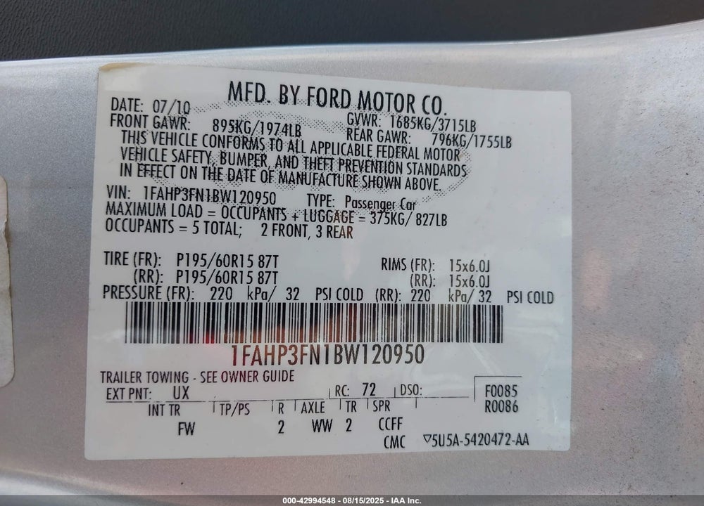 2011 FORD FOCUS VIN: 1FAHP3FN1BW120950
