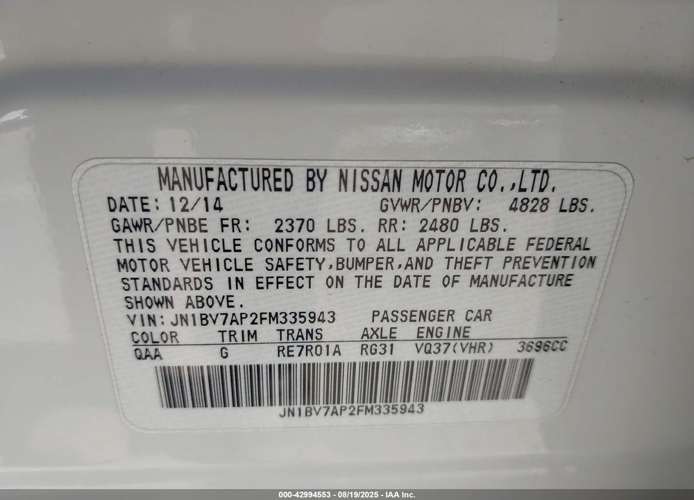 2015 INFINITI Q50 VIN: JN1BV7AP2FM335943