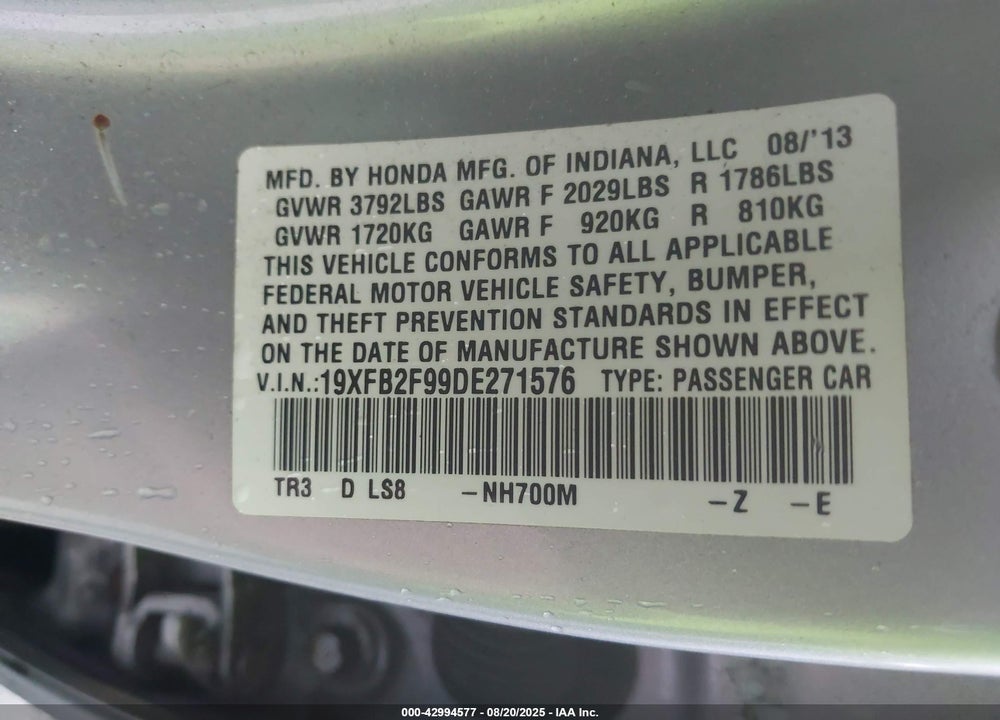 2013 HONDA CIVIC VIN: 19XFB2F99DE271576