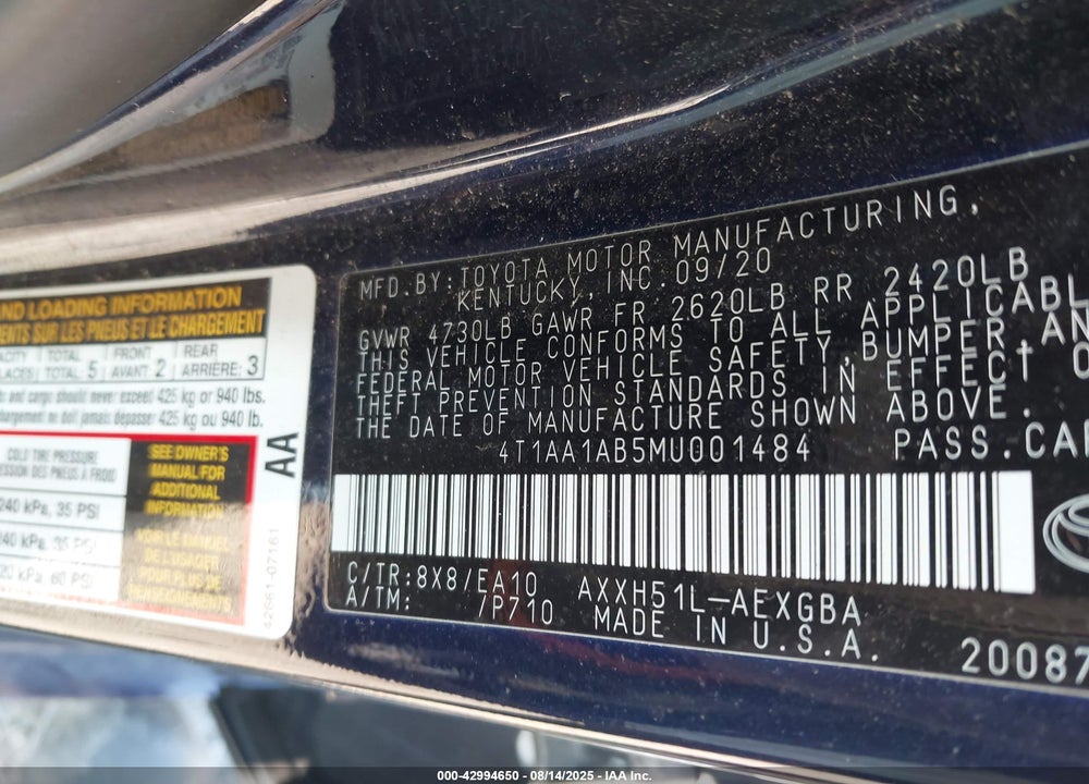 2021 TOYOTA AVALON VIN: 4T1AA1AB5MU001484