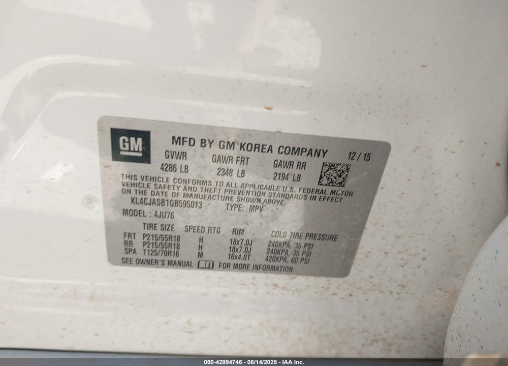 2016 BUICK ENCORE VIN: KL4CJASB1GB595013