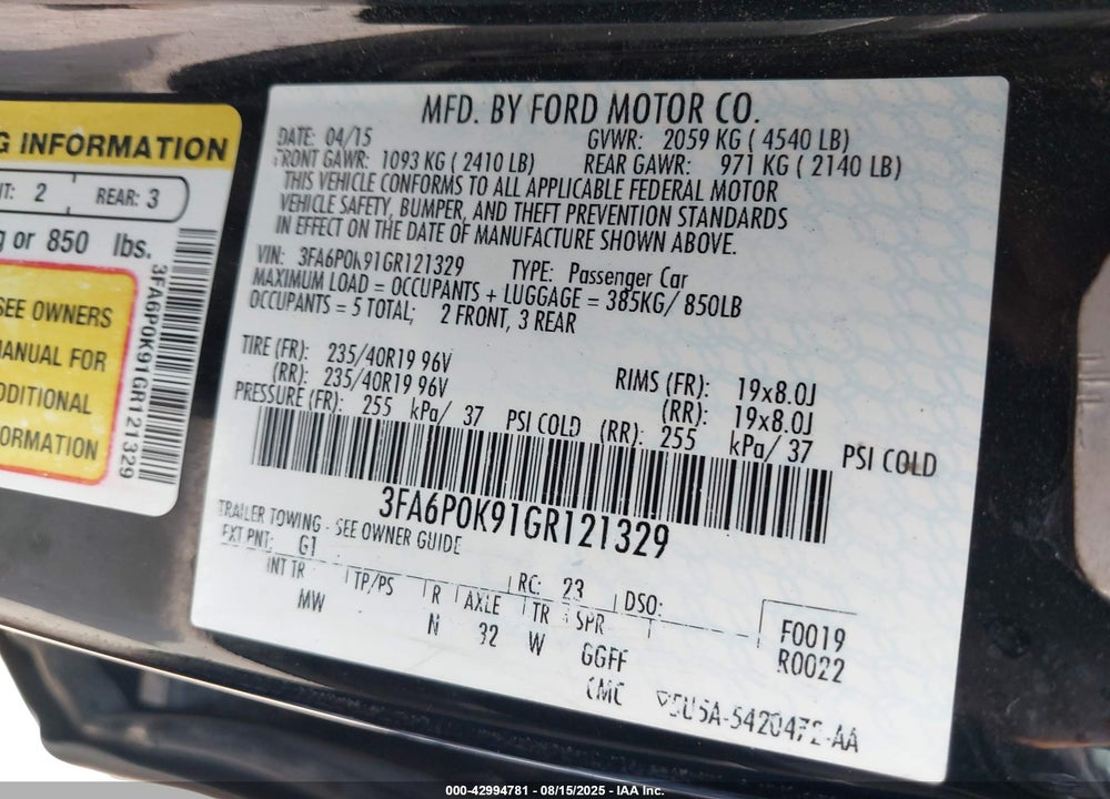 2016 FORD FUSION VIN: 3FA6P0K91GR121329