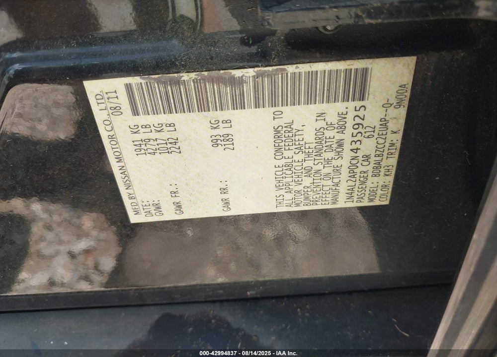 2012 NISSAN ALTIMA VIN: 1N4AL2AP0CN435925