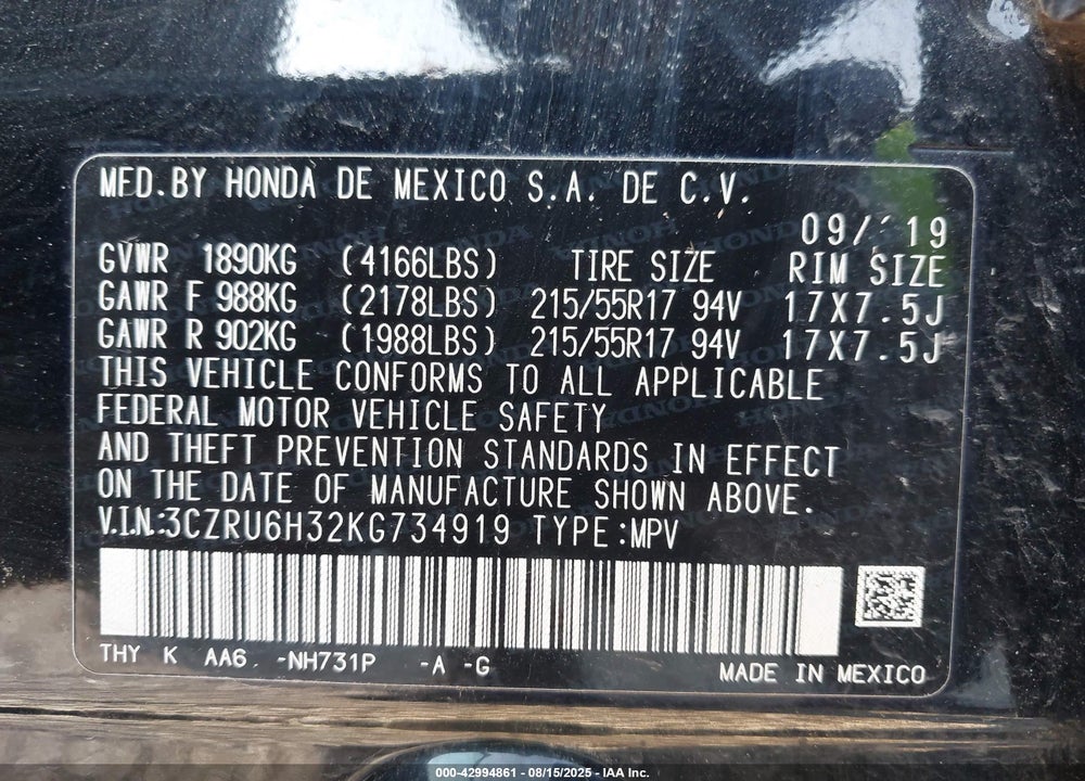 2019 HONDA HR-V VIN: 3CZRU6H32KG734919