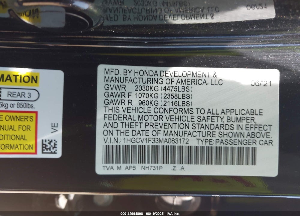 2021 HONDA ACCORD VIN: 1HGCV1F33MA083172