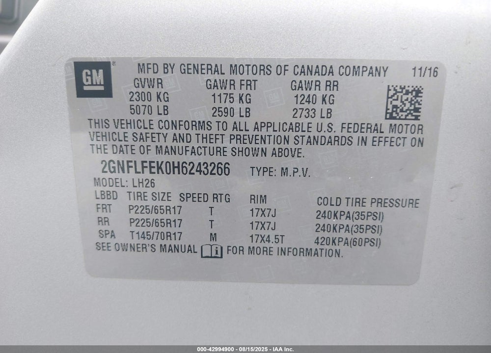 2017 CHEVROLET EQUINOX VIN: 2GNFLFEK0H6243266