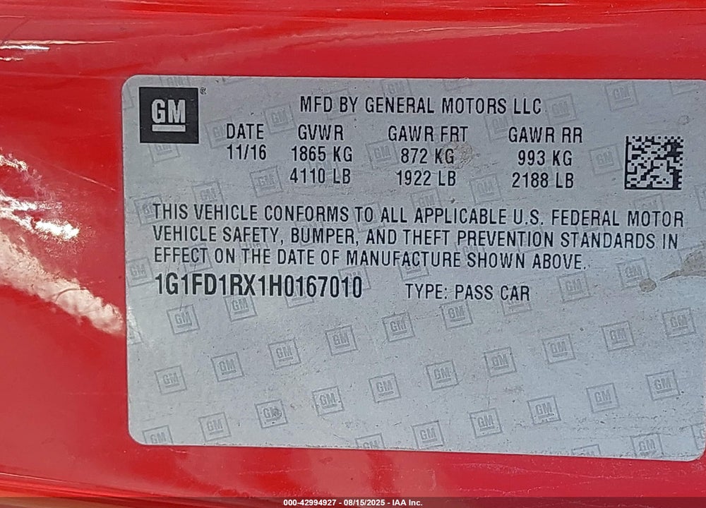 2017 CHEVROLET CAMARO VIN: 1G1FD1RX1H0167010