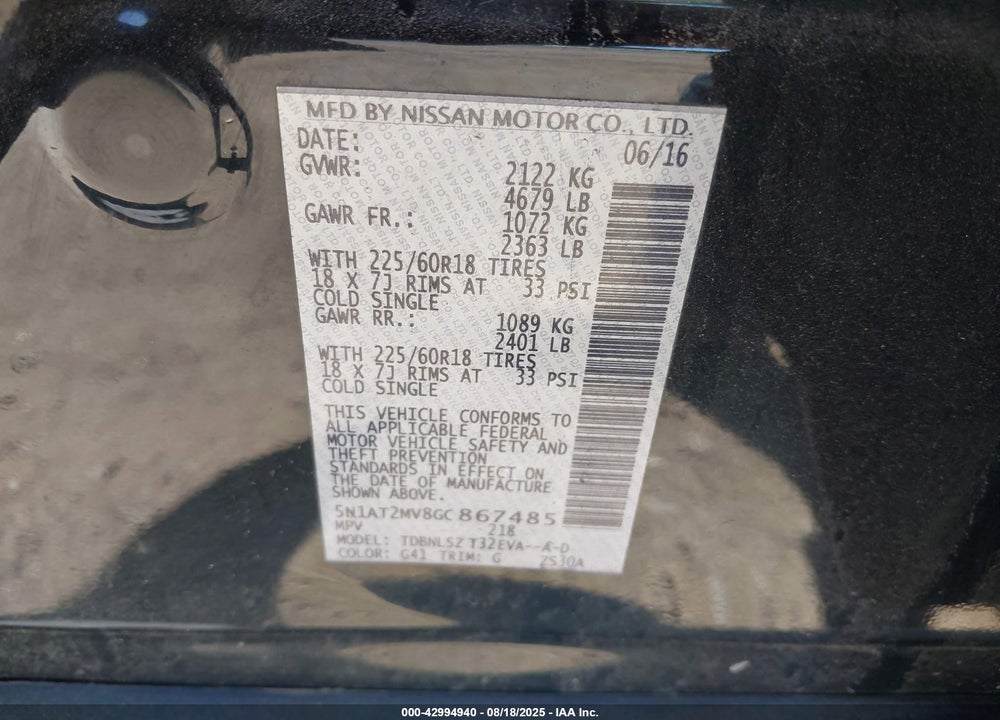 2016 NISSAN ROGUE SL VIN: 5N1AT2MV8GC867485