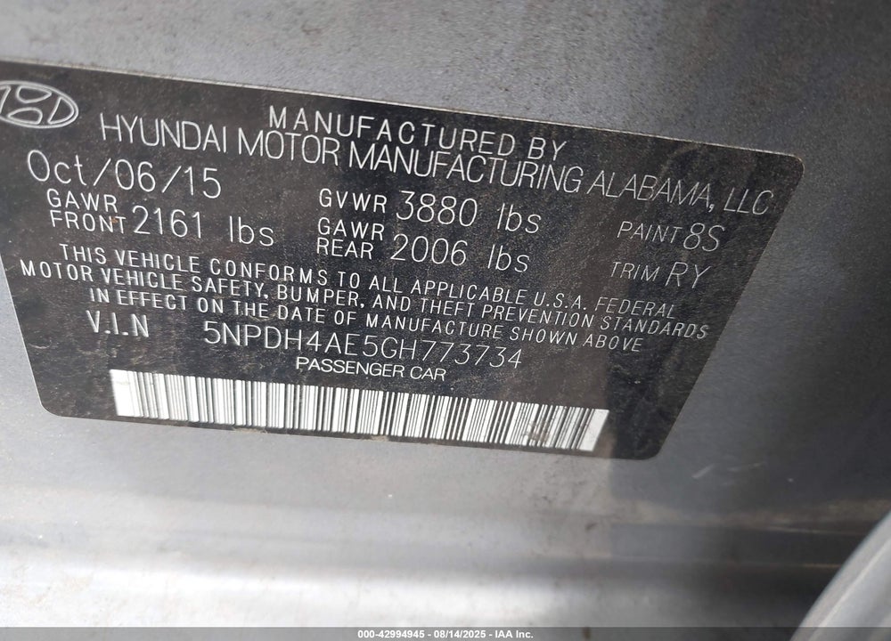 2016 HYUNDAI ELANTRA VALUE EDITION VIN: 5NPDH4AE5GH773734