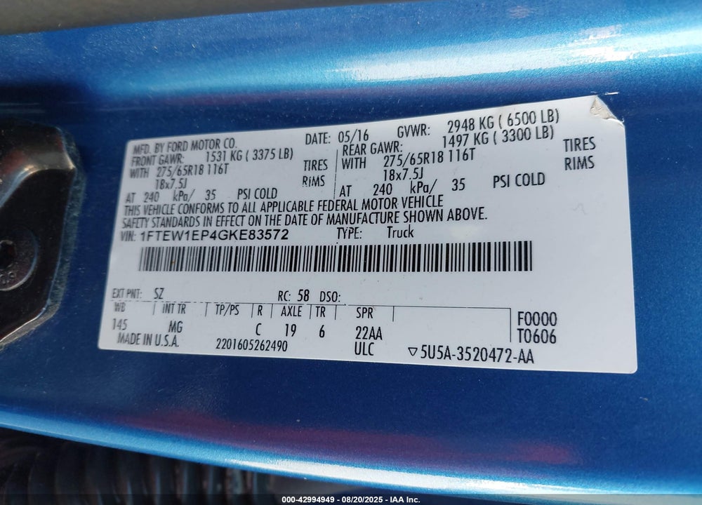 2016 FORD F-150 VIN: 1FTEW1EP4GKE83572