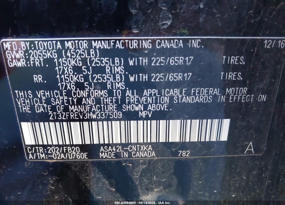 2017 TOYOTA RAV4 VIN: 2T3ZFREV3HW337509