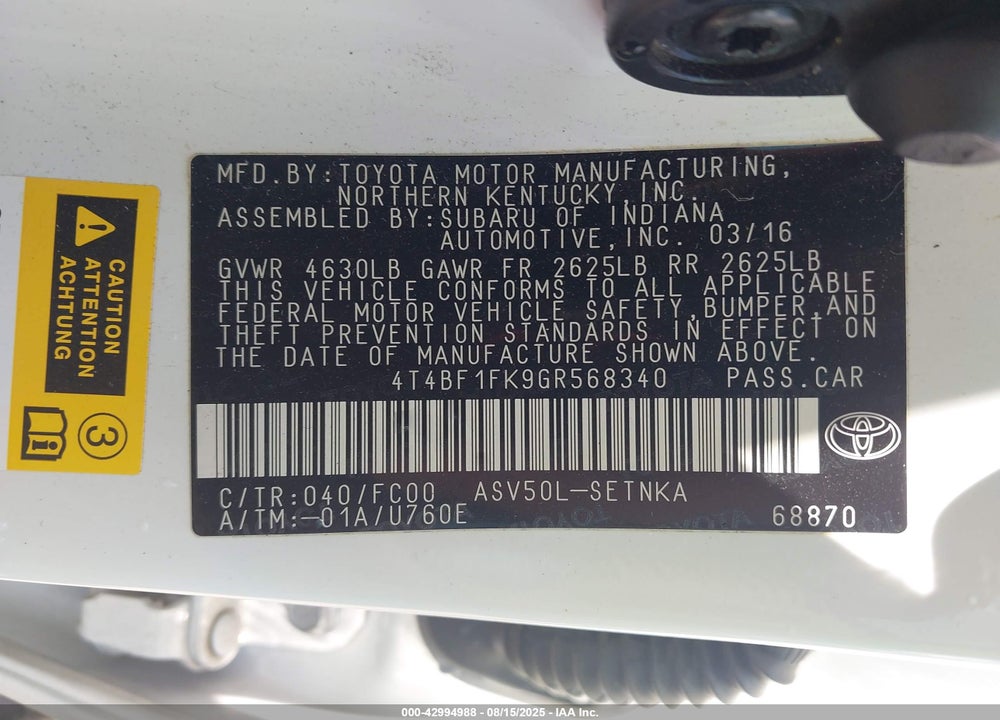 2016 TOYOTA CAMRY VIN: 4T4BF1FK9GR568340