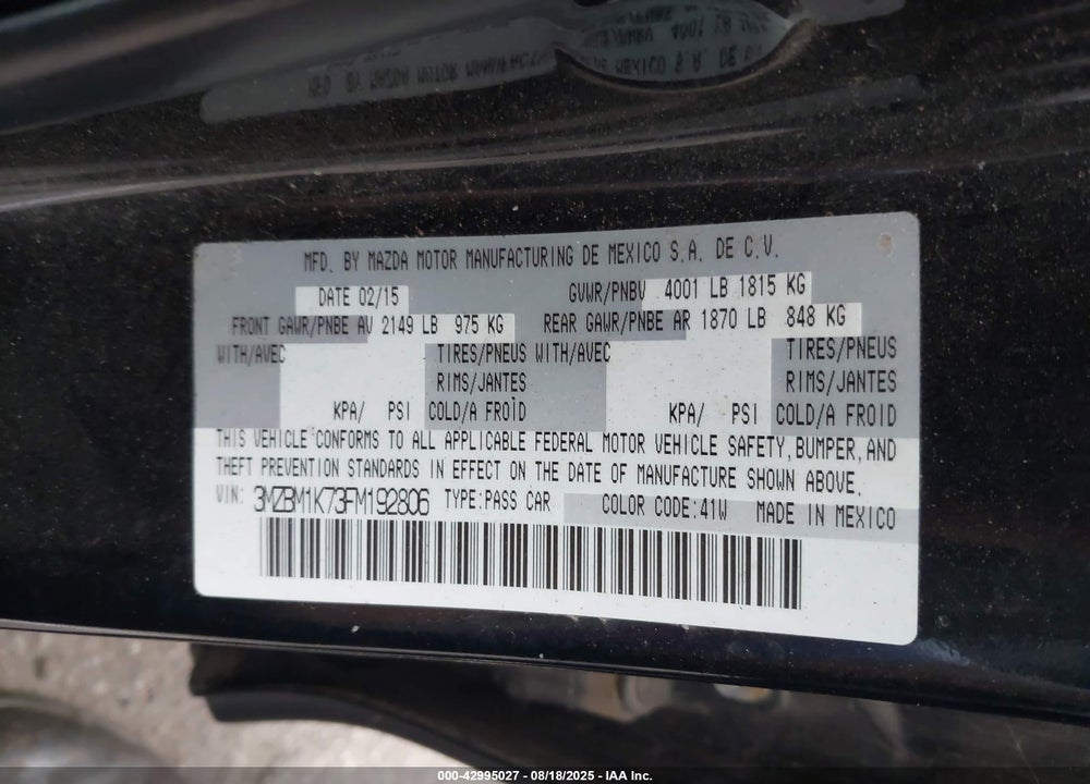 2015 MAZDA 3 I SPORT VIN: 3MZBM1K73FM192806