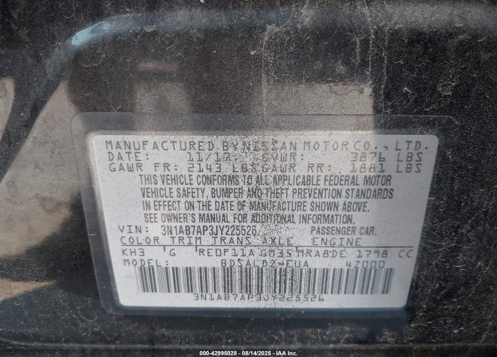2018 NISSAN SENTRA VIN: 3N1AB7AP3JY225526