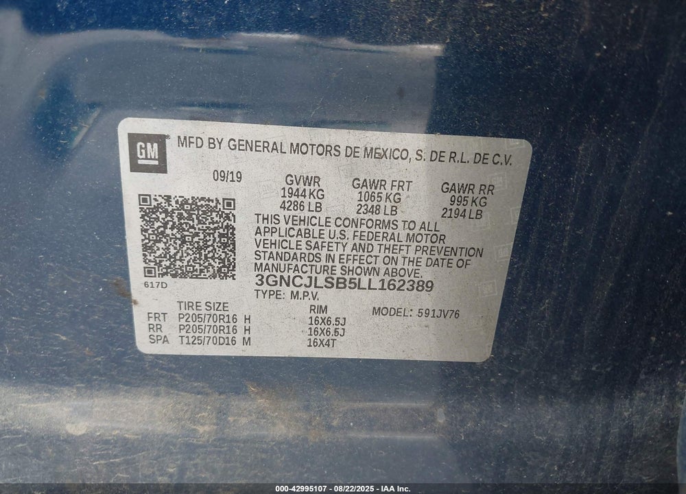 2020 CHEVROLET TRAX VIN: 3GNCJLSB5LL162389