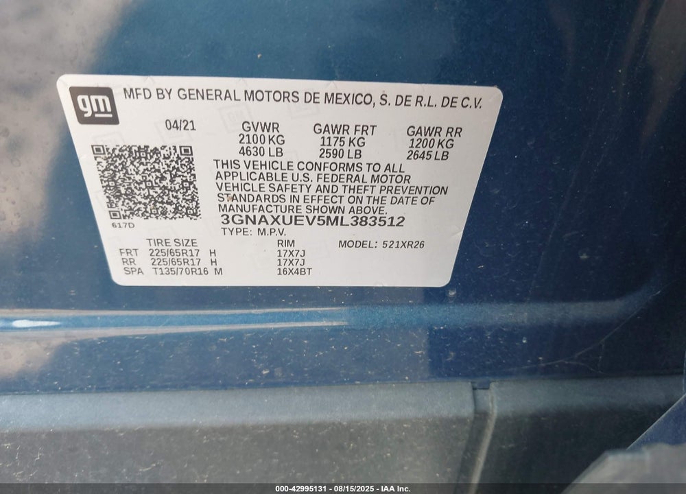 2021 CHEVROLET EQUINOX LT VIN: 3GNAXUEV5ML383512