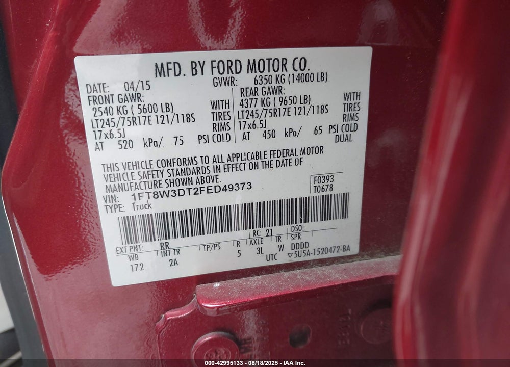 2015 FORD F-350 XLT VIN: 1FT8W3DT2FED49373