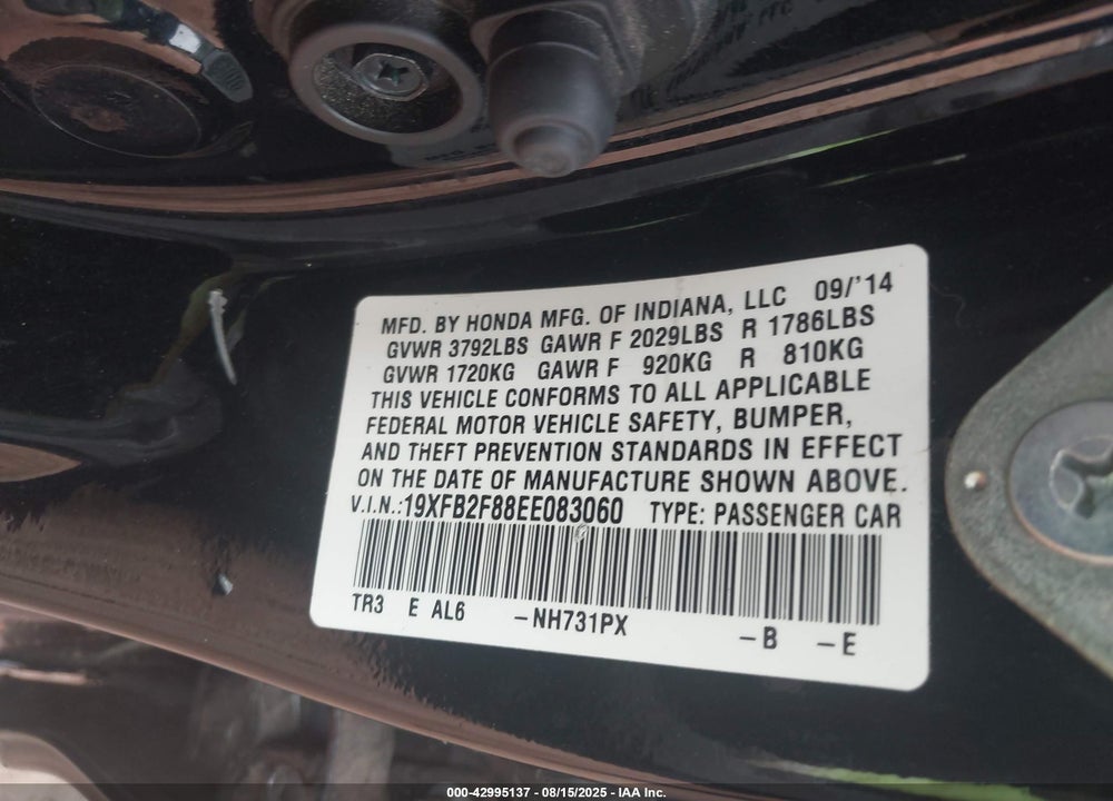2014 HONDA CIVIC EX VIN: 19XFB2F88EE083060