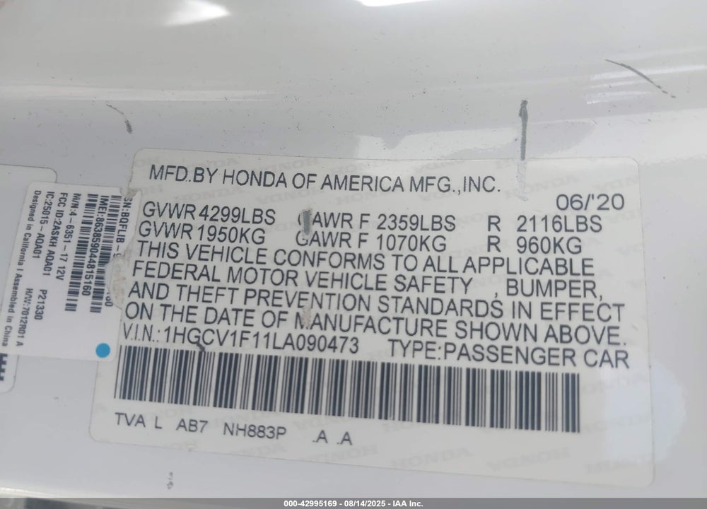 2020 HONDA ACCORD VIN: 1HGCV1F11LA090473