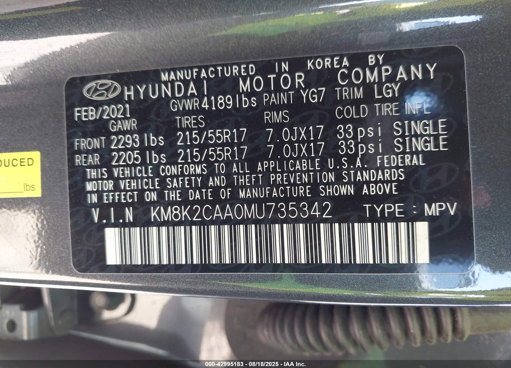 2021 HYUNDAI KONA VIN: KM8K2CAA0MU735342