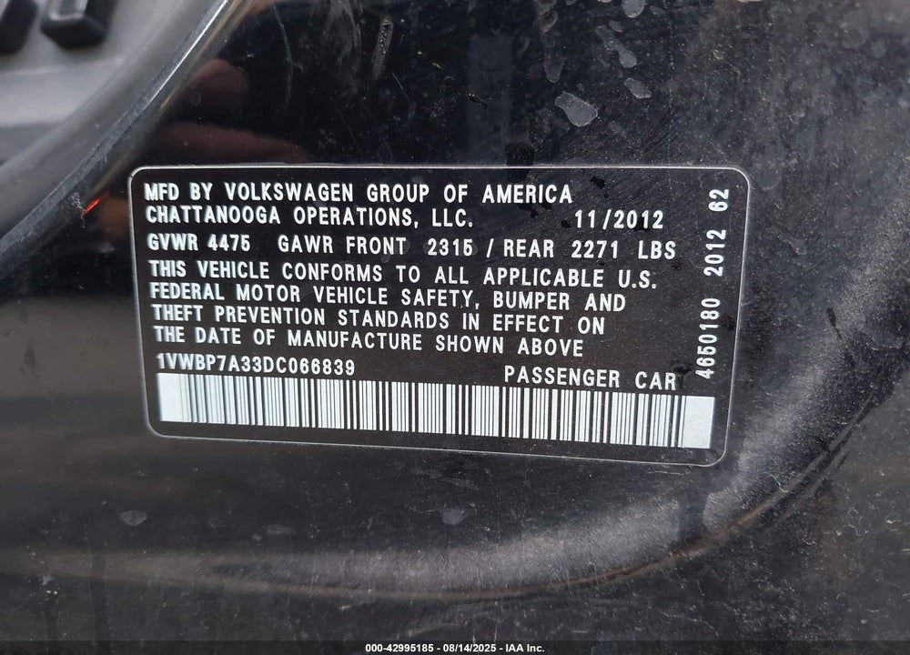 2013 VOLKSWAGEN PASSAT VIN: 1VWBP7A33DC066839