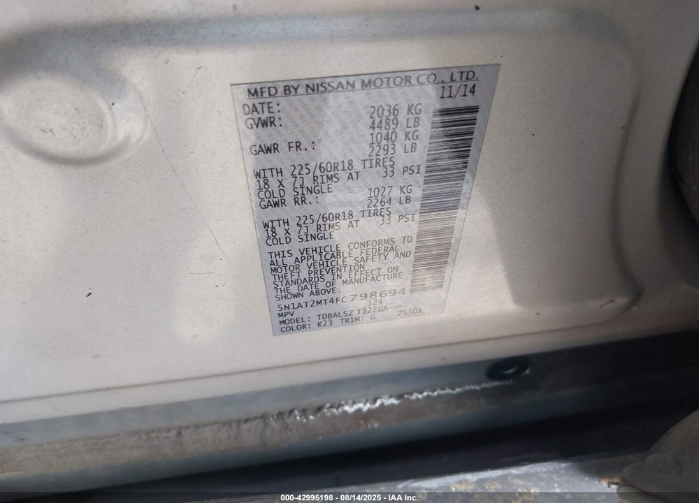 2015 NISSAN ROGUE VIN: 5N1AT2MT4FC798694
