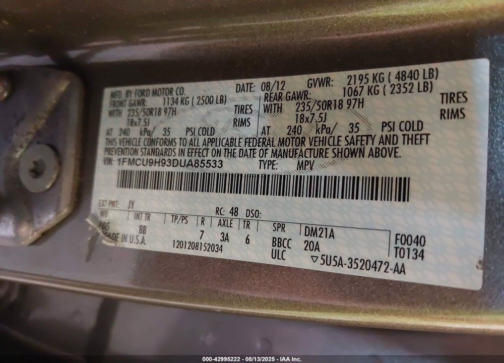 2013 FORD ESCAPE VIN: 1FMCU9H93DUA85533