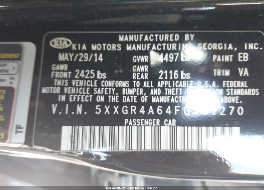 2015 KIA OPTIMA VIN: 5XXGR4A64FG361270