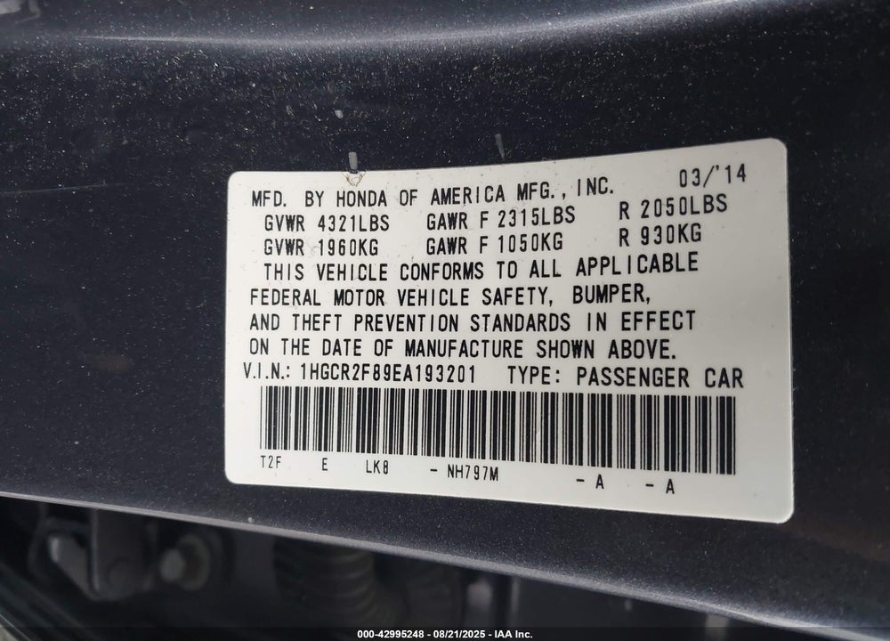 2014 HONDA ACCORD EX-L VIN: 1HGCR2F89EA193201