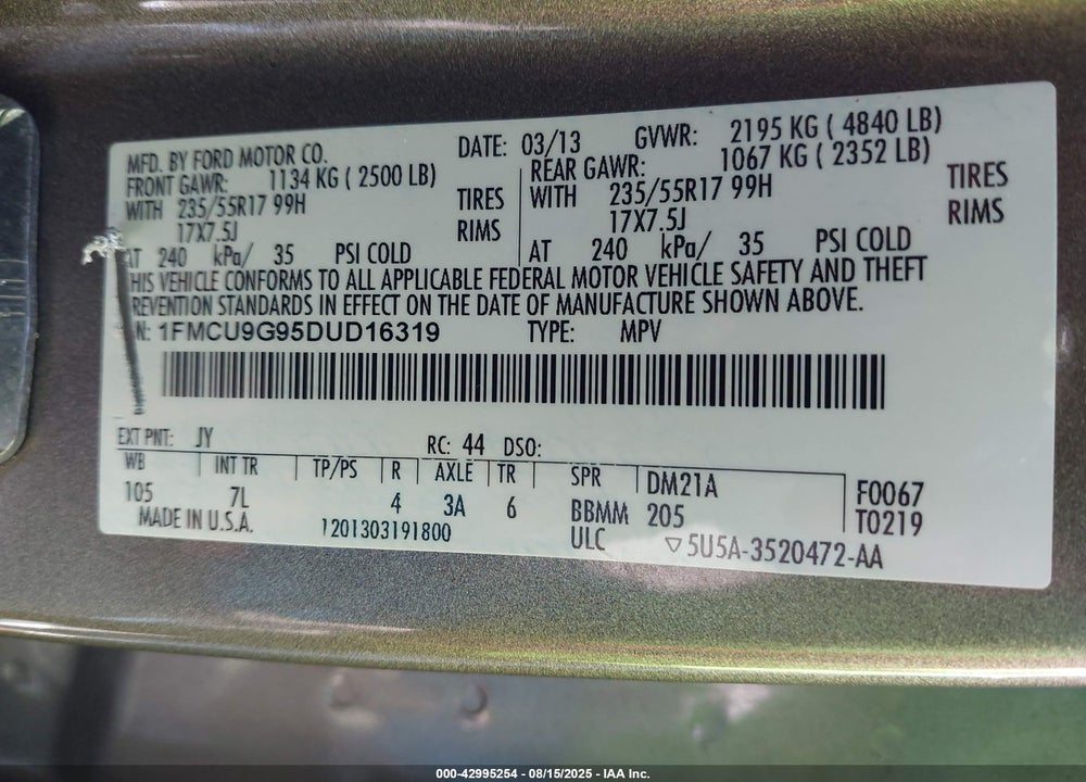 2013 FORD ESCAPE VIN: 1FMCU9G95DUD16319