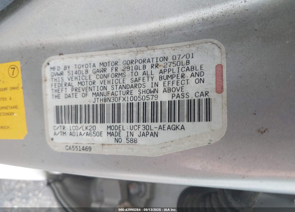 2001 LEXUS LS 430 VIN: JTHBN30FX10050579
