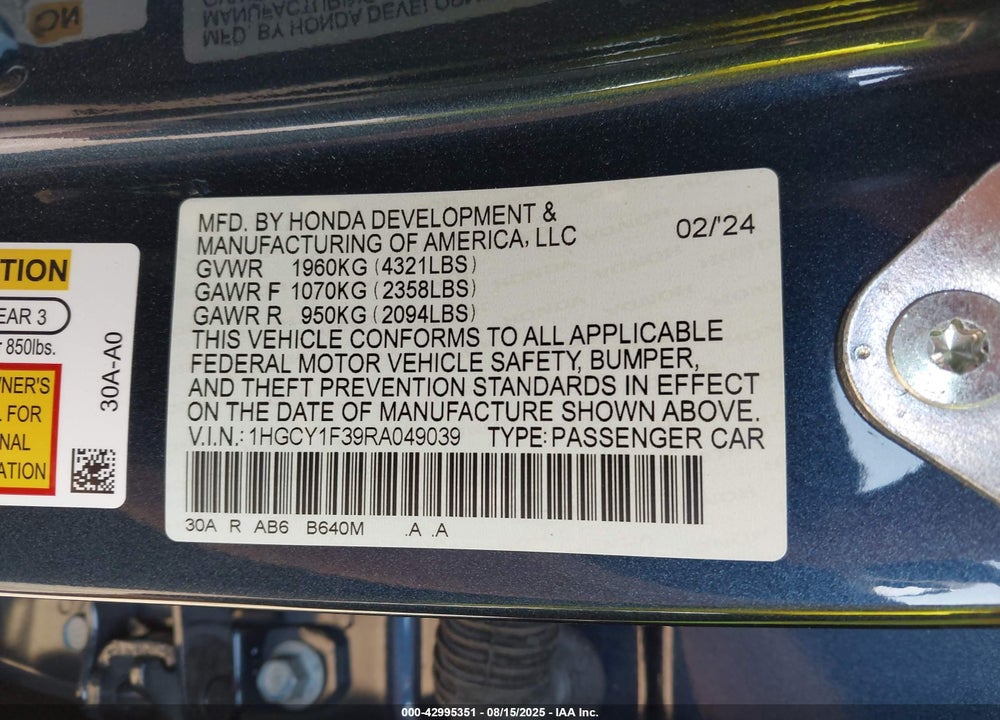 2024 HONDA ACCORD VIN: 1HGCY1F39RA049039