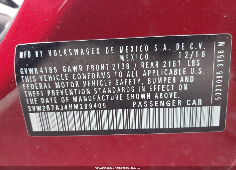 2017 VOLKSWAGEN JETTA 1.4T S VIN: 3VW2B7AJ4HM299405